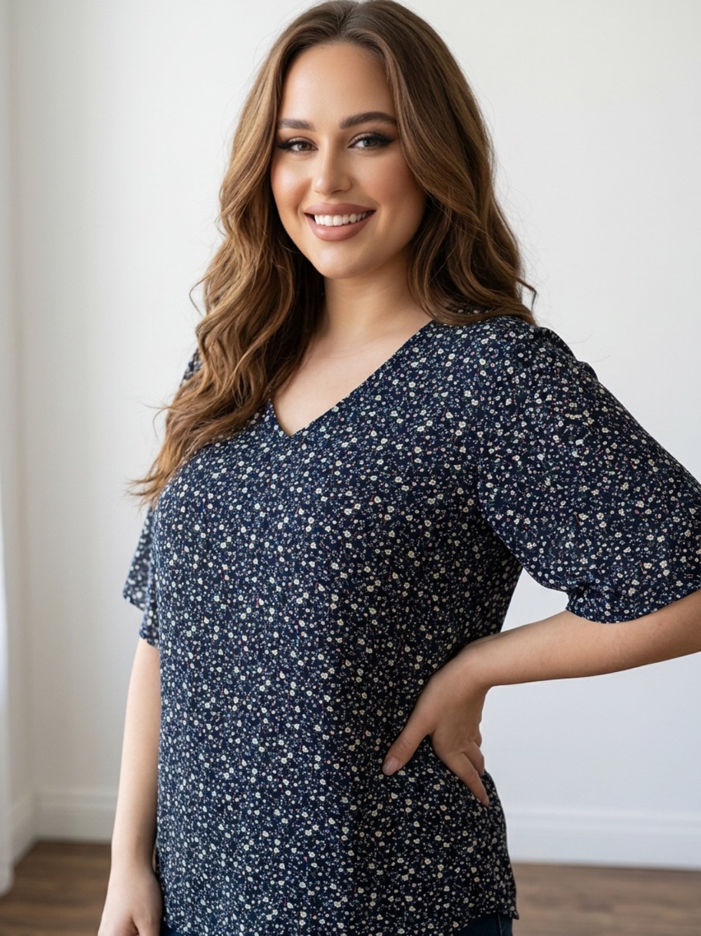 Jouica Navy Floral V-Neck Ruffle 3/4 Sleeve Blouse